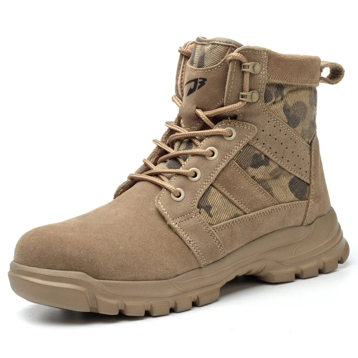Khaki high-top safety boots with steel toe cap and lace-up front