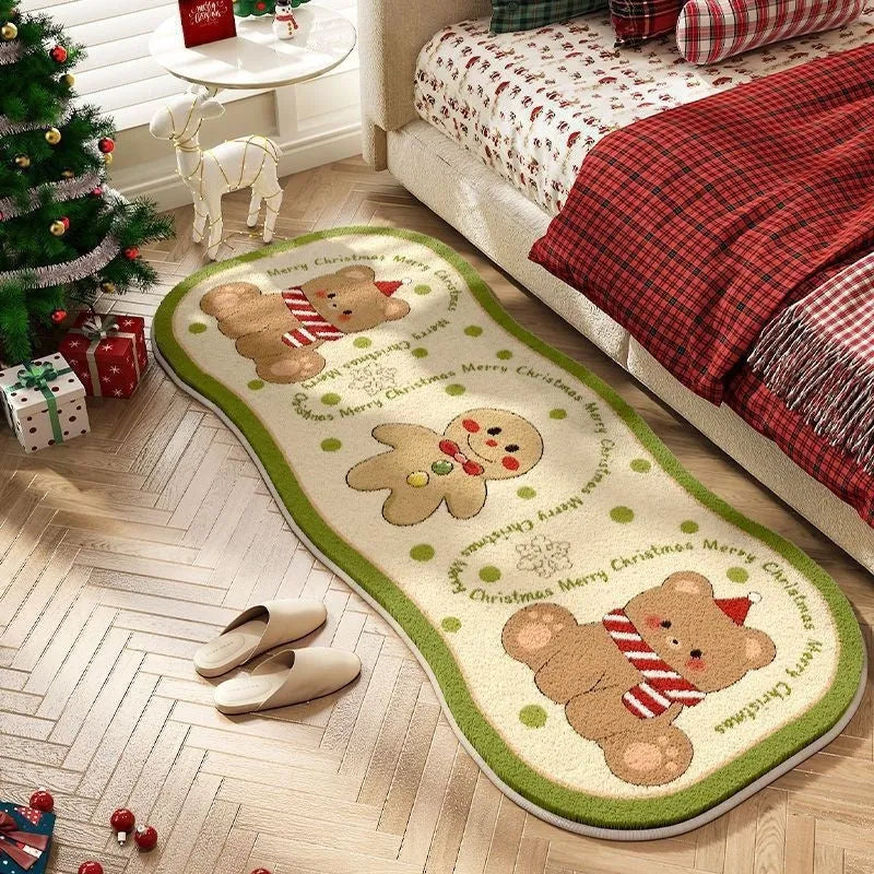 Alien-shaped Christmas carpet with imitation cashmere material and festive ginger cake bear pattern