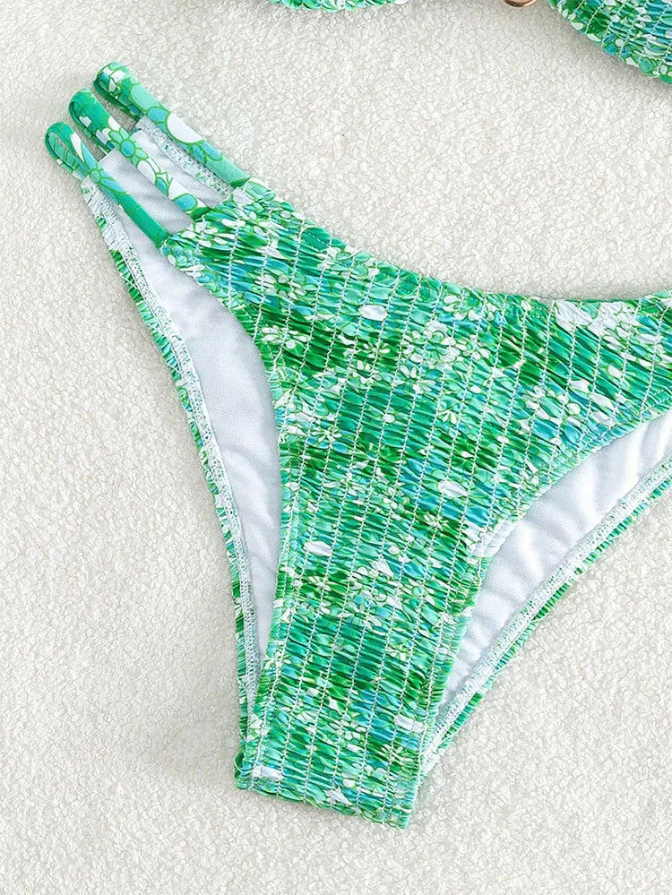Women's floral bikini swimsuit with high-waist briefs in blue, orange, pink and rose red colour options