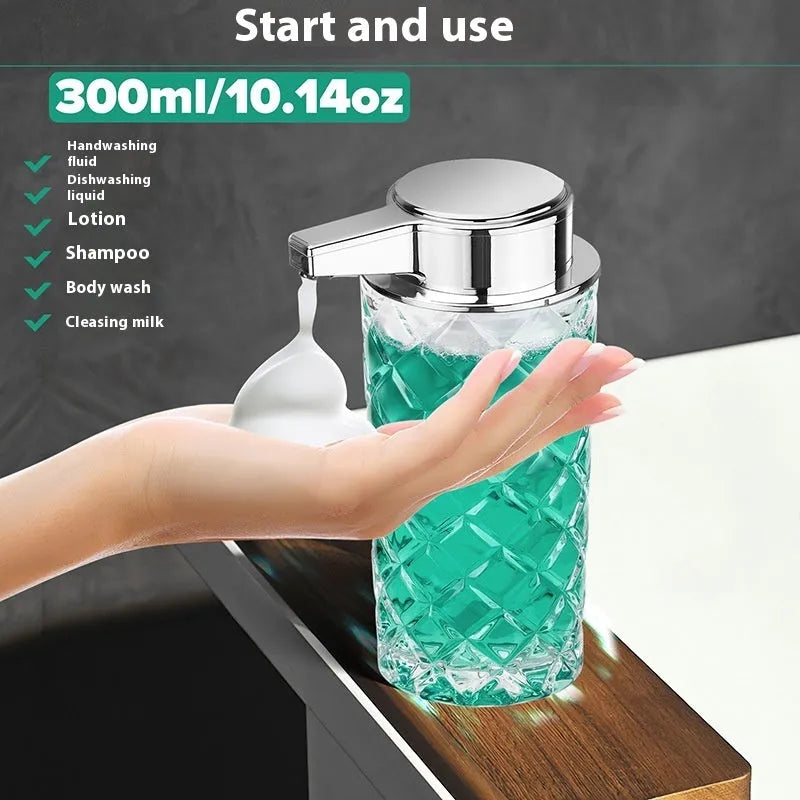 Automatic sensing soap dispenser with silver-plated PET shell and USB-C charging port.
