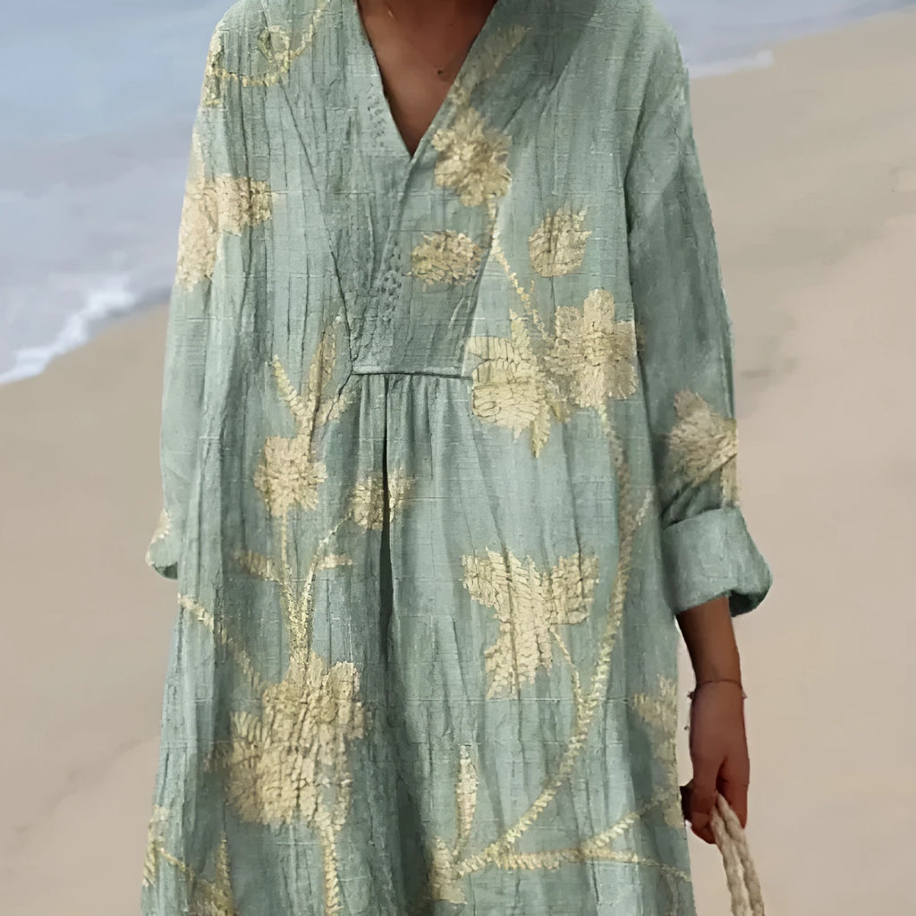 Long sleeve casual dress with 3D floral pattern, princess silhouette, and wide waist in Picture Style colour.