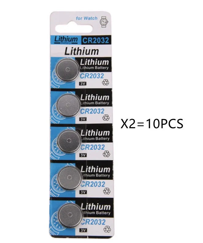 CR2032 3V lithium button battery on a card, showing its 20mm diameter and steel case.