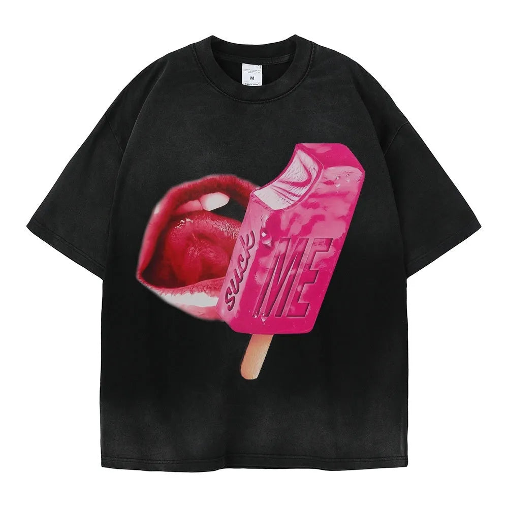 Heavy washed loose fit short-sleeved cotton t-shirt in solid colour on a hanger.