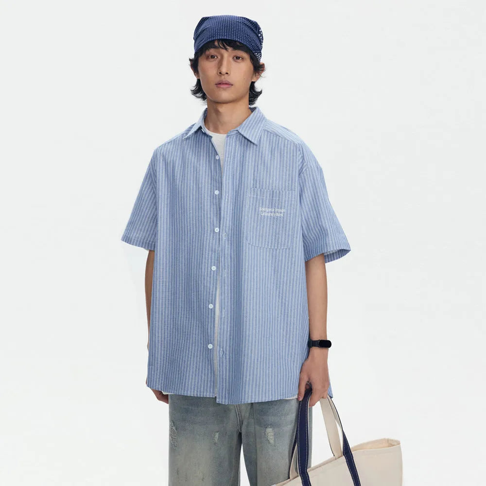 Blue striped overalls short-sleeved shirt in loose-fitting cardigan style