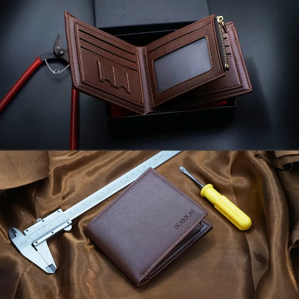 Men's brown leather wallet with a silver zipper closure, showing open view of multiple card slots.
