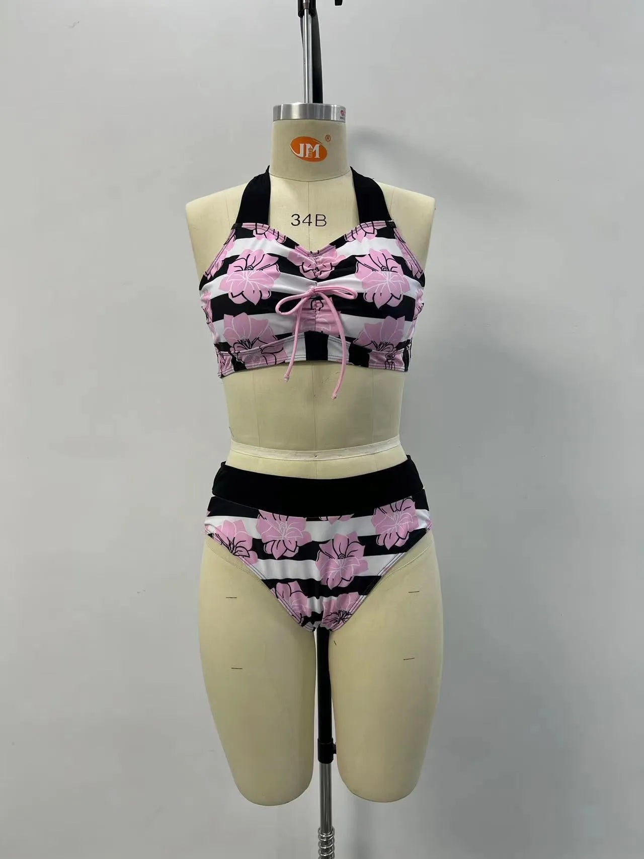 Black printed women's two-piece bikini with tummy control and split design