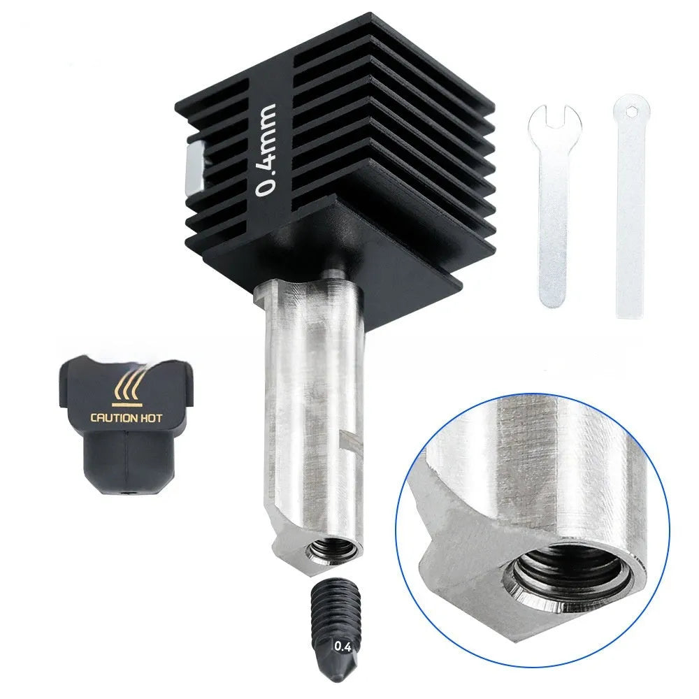 Bambu Lab A1 Mini 3D printer hot end replacement kit with four hardened steel nozzles and a black silicone sleeve.