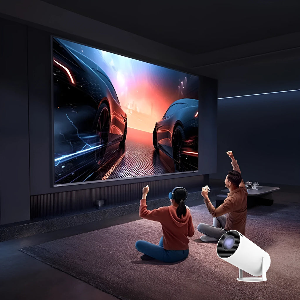 White Barrel X10 PLUS portable smart projector with gamepad and remote control on table