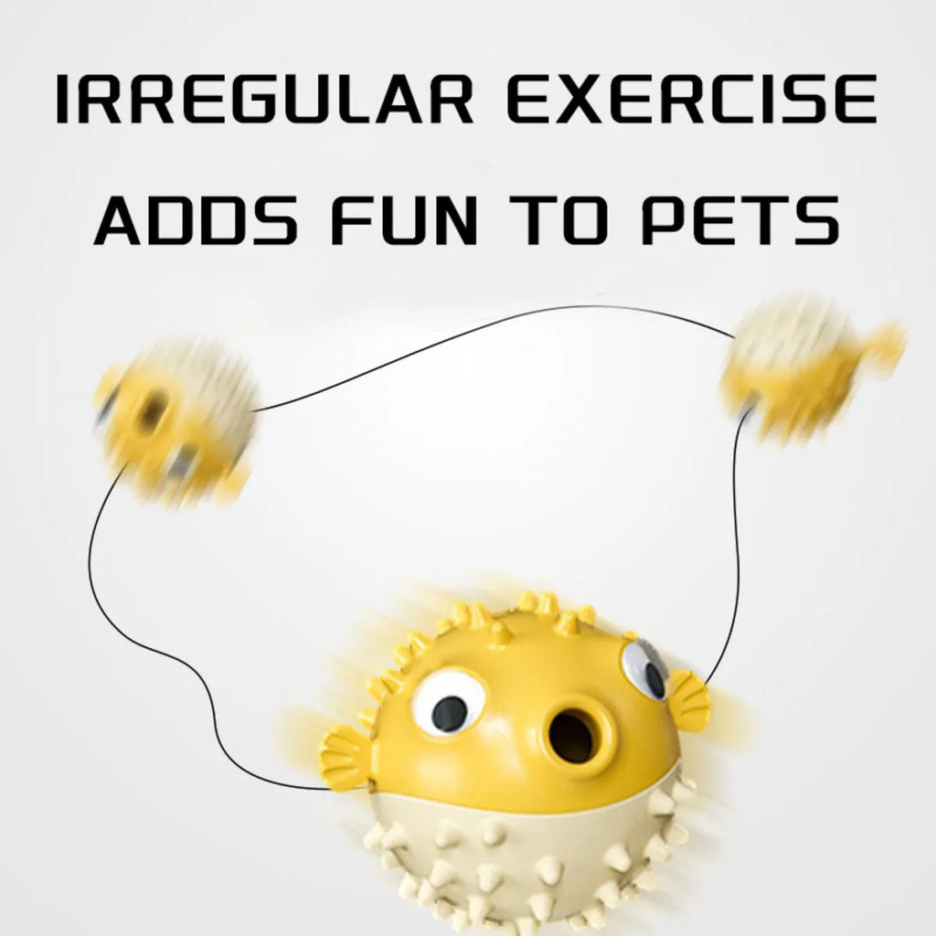 Yellow fish-shaped durable vinyl dog chew toy with textured surface for dental care.