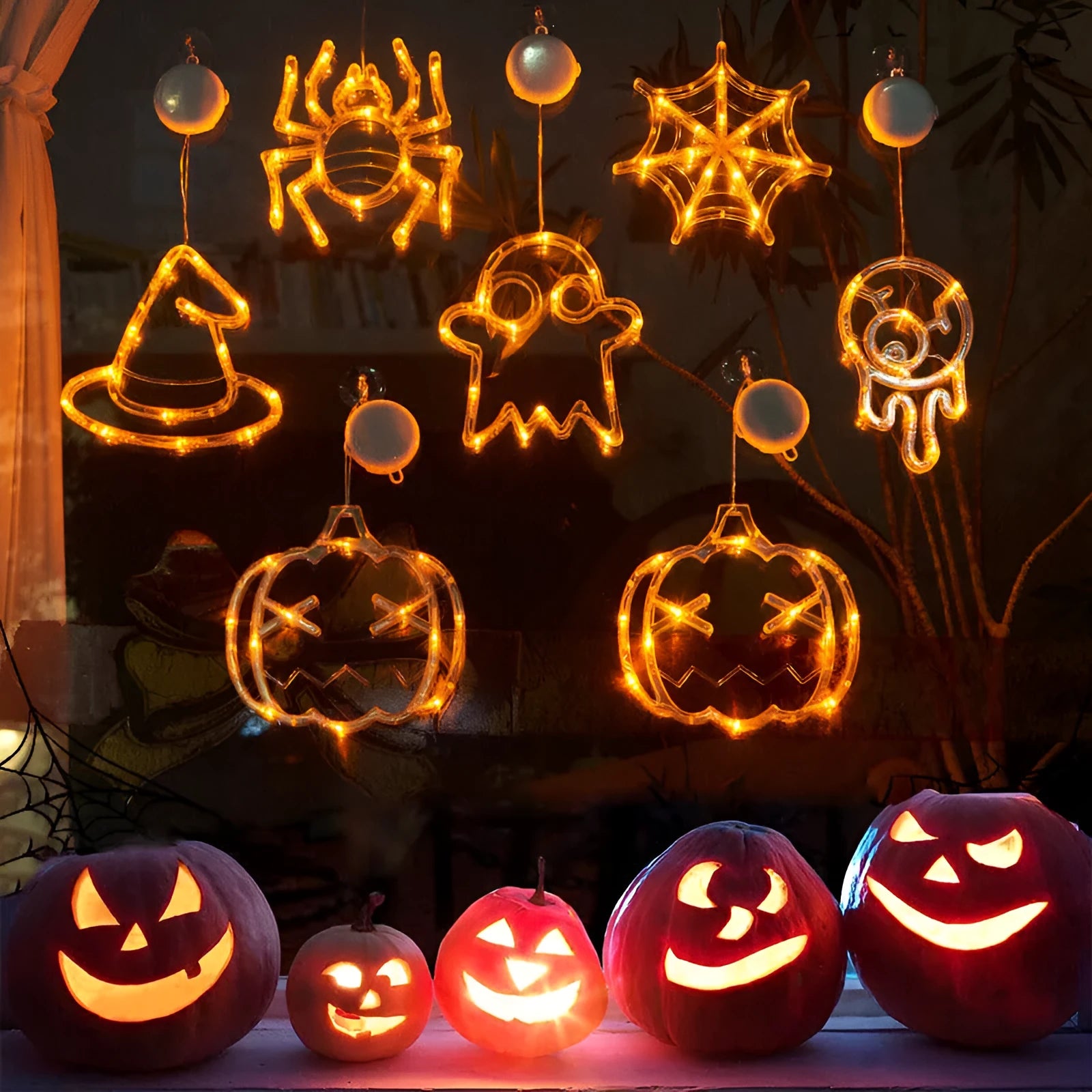 Halloween window hanging LED lights set with spider, pumpkin, and ghost decorations on suction cups