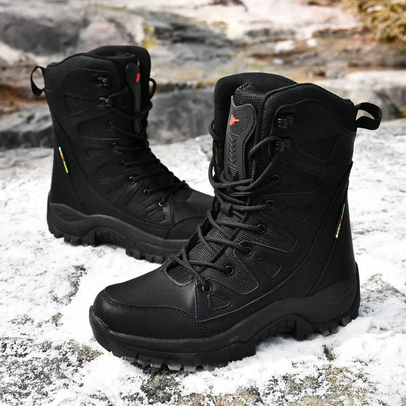 Cowhide leather hi-top hiking shoes for outdoor activities in beige colour