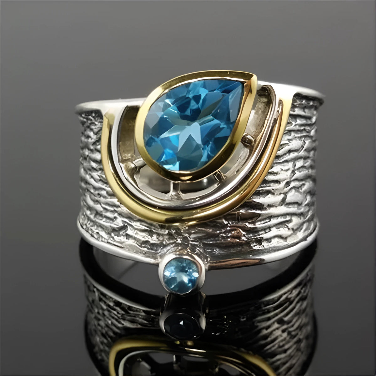 Blue zircon rhinestone drop shape alloy ring in Chinese style on size guide