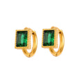 Square geometric stainless steel earrings with round ring details in white, black, or green electroplated finish.
