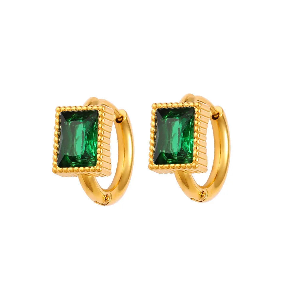 Square geometric stainless steel earrings with round ring details in white, black, or green electroplated finish.