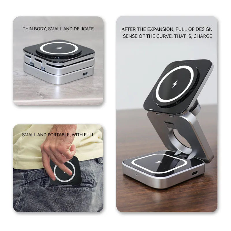 Folding desktop wireless charging bracket holding a phone and a smartwatch at an angle.