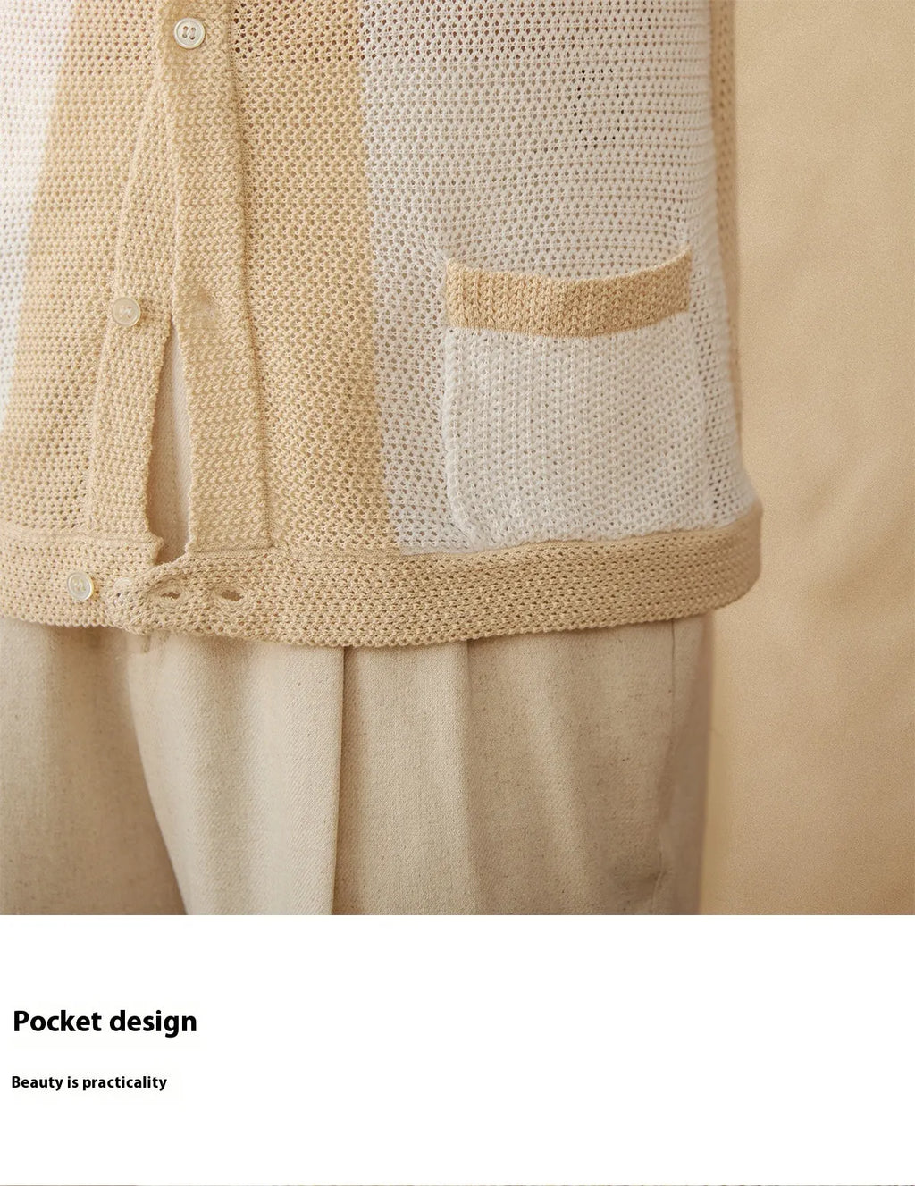 Beige short-sleeved lapel cardigan made from a thin linen and cotton knitted fabric.