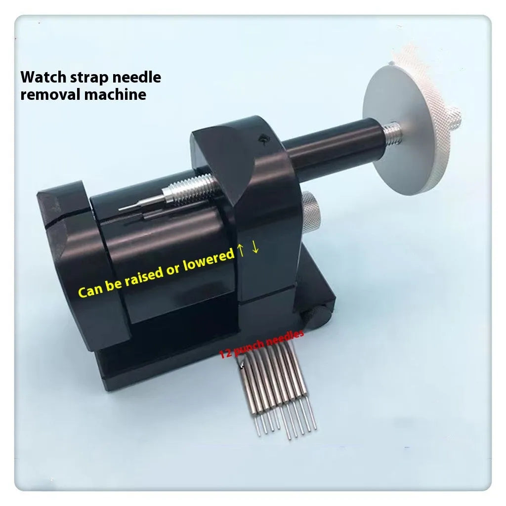 Steel alloy watch strap removal tool with spring mechanism on a work surface