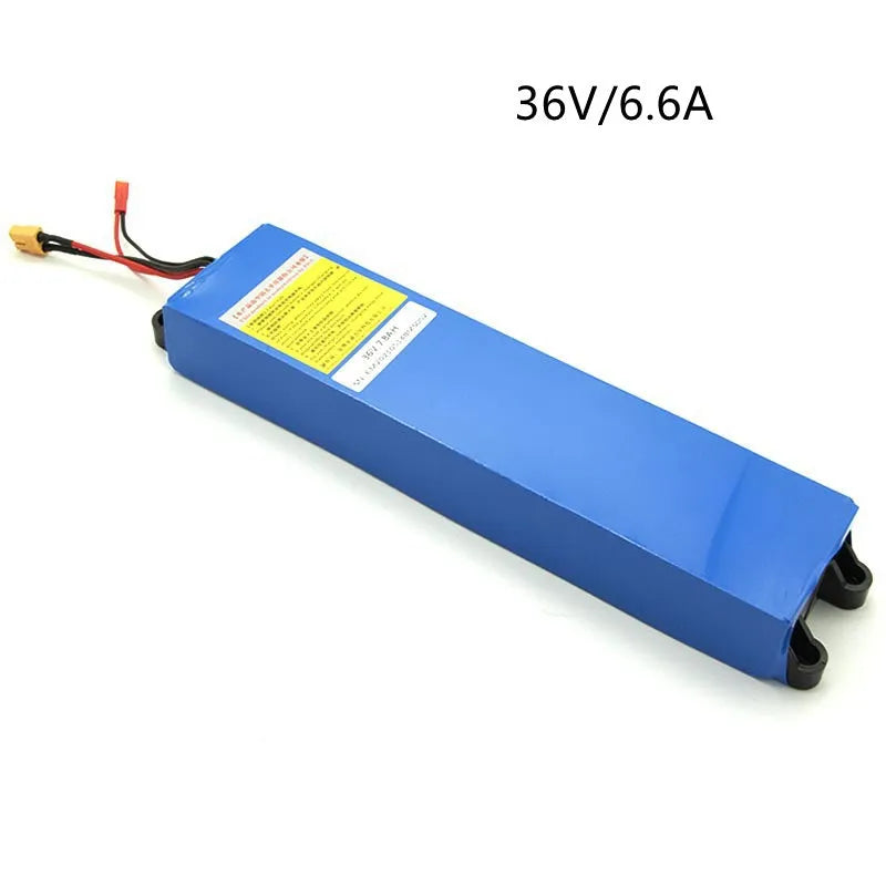 36V electric scooter lithium battery pack showing three capacity options: 6.6Ah, 7.8Ah and 10.4Ah