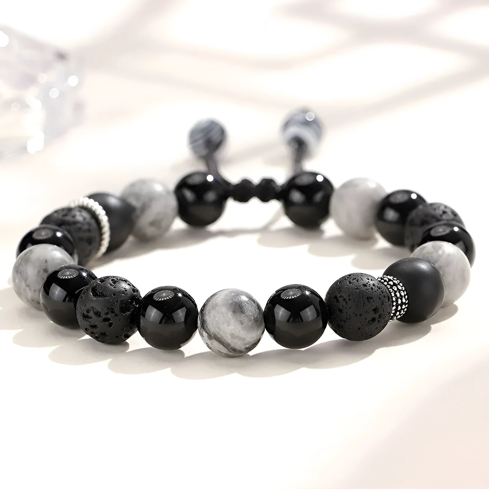 Black agate map stone bracelet with diamond-shaped volcanic rock stones in new Chinese style