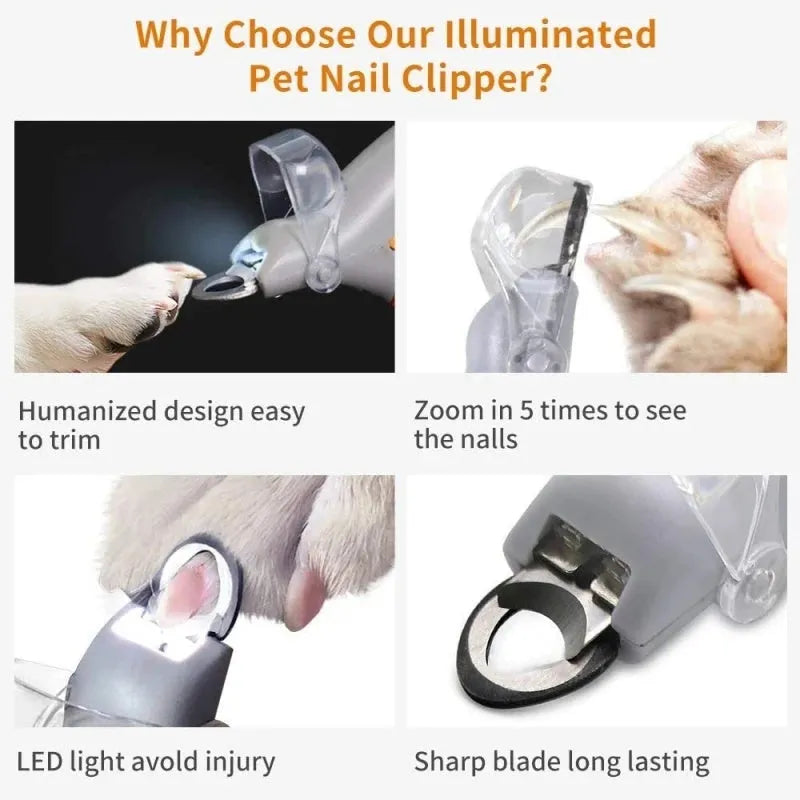 Yellow pet nail clipper with LED light, magnifying glass, and safety guard for dog and cat grooming.