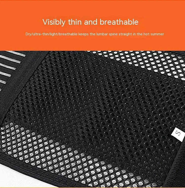 Black adjustable sports waist support belt with internal steel plate for lumbar decompression.