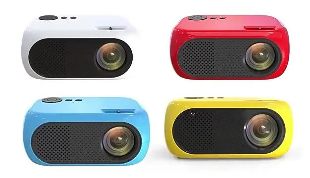M24 gold micro mini projector with power adapter and AV cable on white background