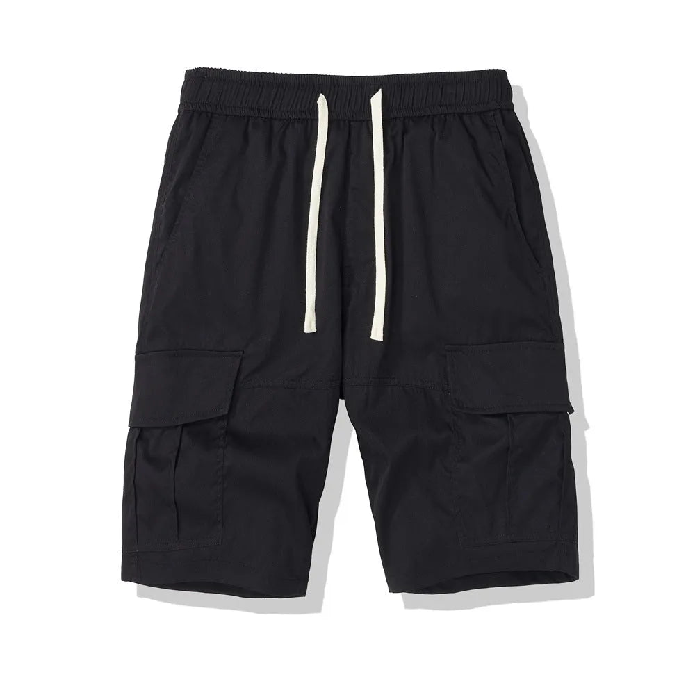 Men's black loose cropped trousers with multiple pockets, Korean style summer outdoor leisure pants