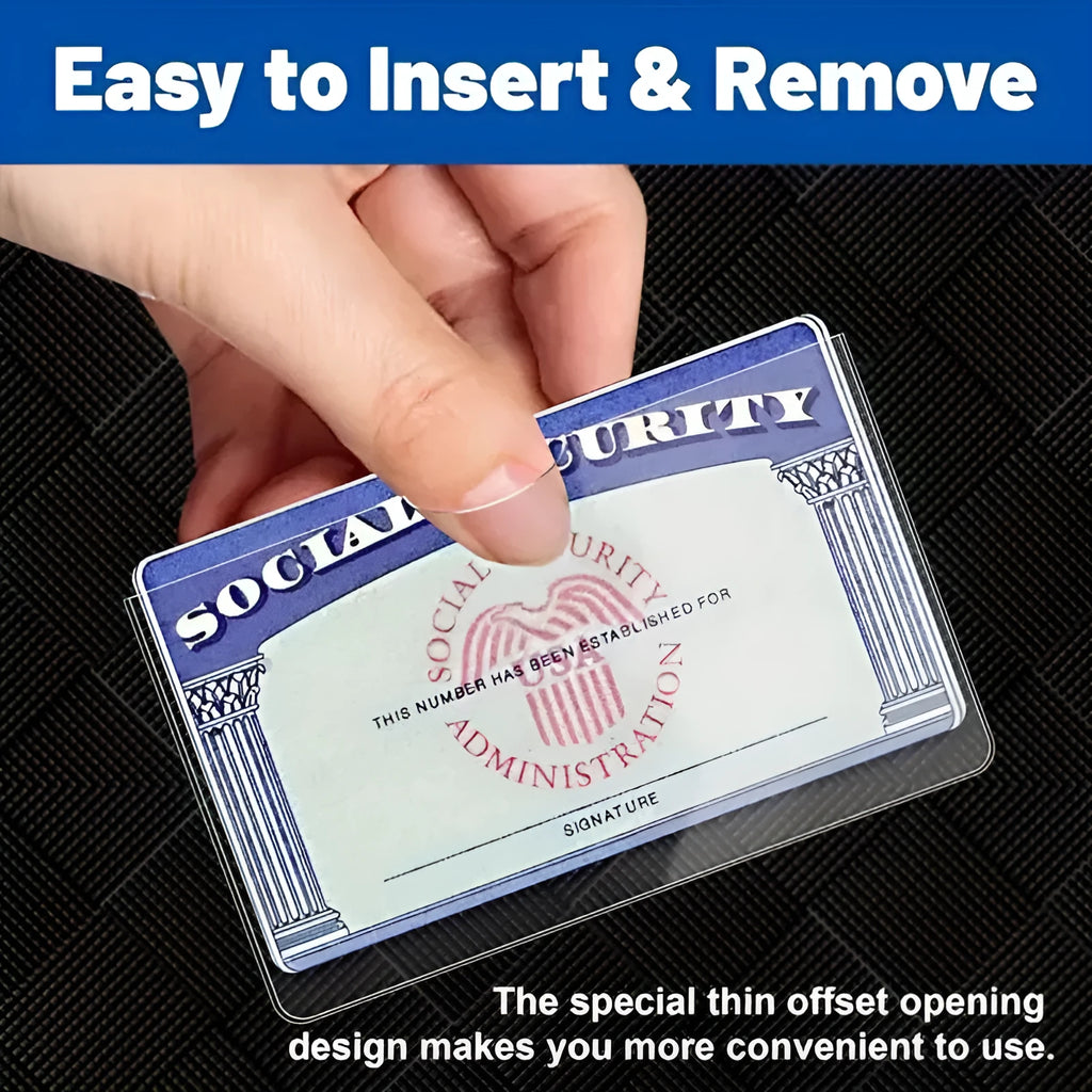 Transparent PVC ID card holder showing social security card inside with dimensions 9.7cm by 5.9cm