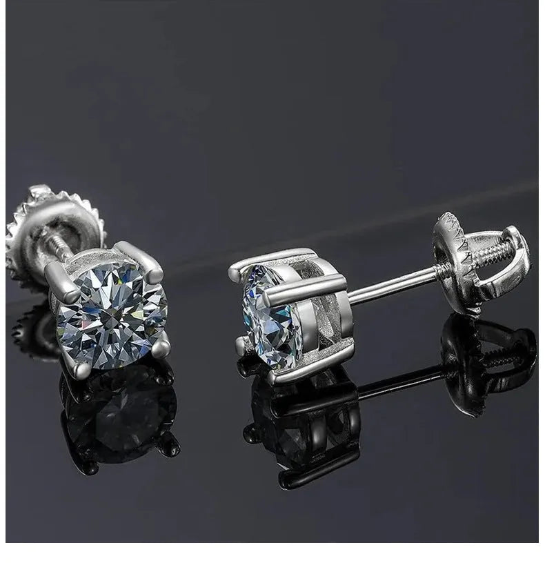 Silver moissanite stud earrings with four-claw geometric setting and 7mm width showing included certificate and tools