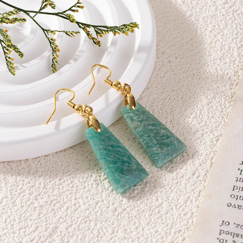 Amazonite rough stone trapezoid earrings with geometric octagon elements in gold setting