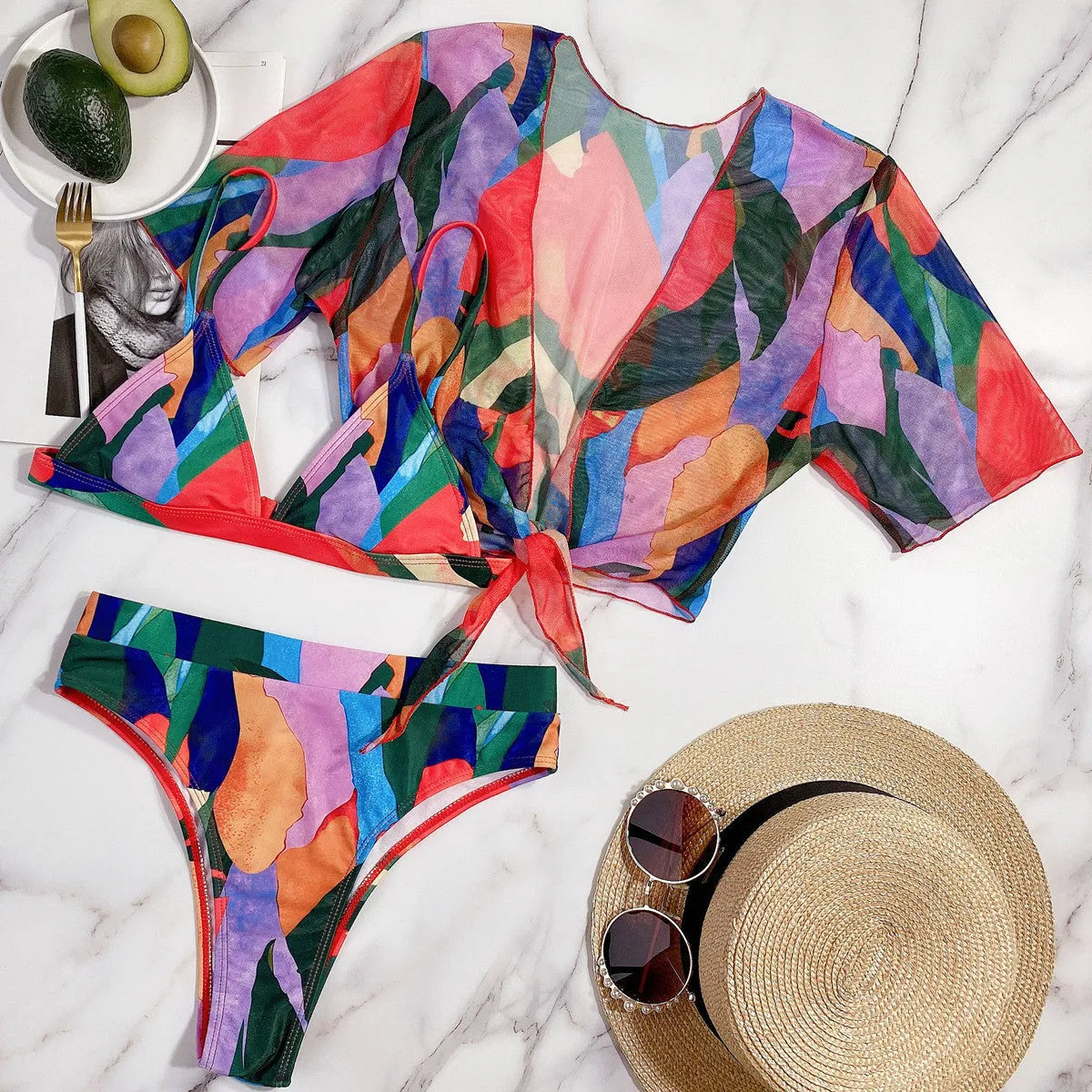 Red printed split swimsuit for women with nylon construction in briefs and triangle bikini styles