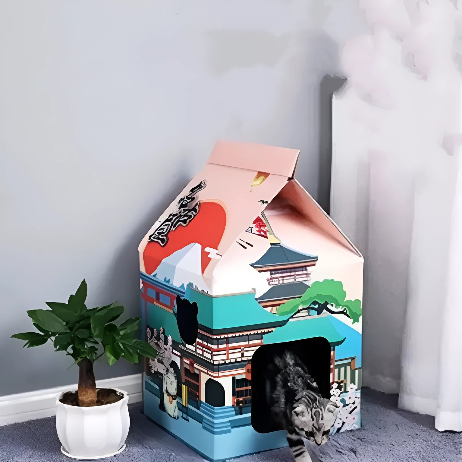 Foldable corrugated paper cat scratching board in Nagoya colour with integrated nest design