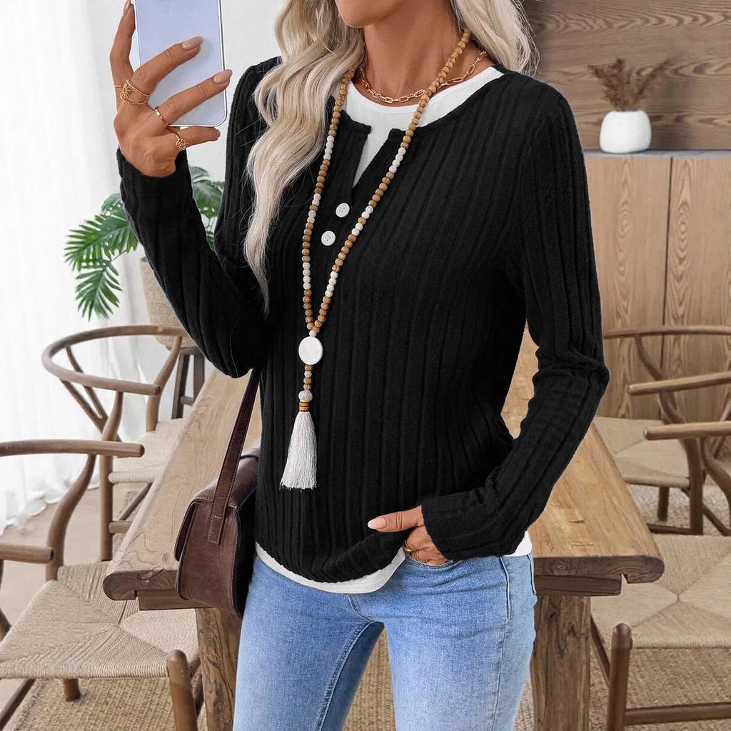 Women's fake two-piece pullover sweater with round neck, button details, and concave stripe pattern in solid colour