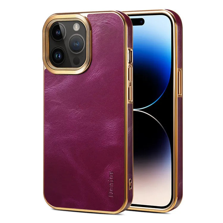 Handmade brown genuine leather iPhone case showing textured surface and slim profile on an iPhone 15 Pro.