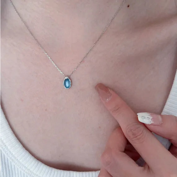 Navy blue water drop necklace with cross chain design in platinum colour, adjustable 41-50cm length