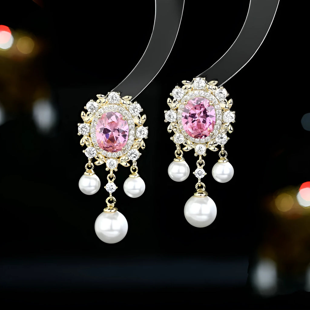 Copper oval earrings with zircon inlay and pearl tassels in light purple colour