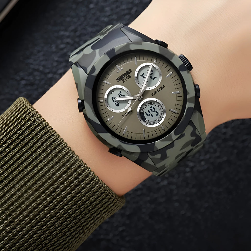 Electronic digital watch with camouflage patterned strap and resin face