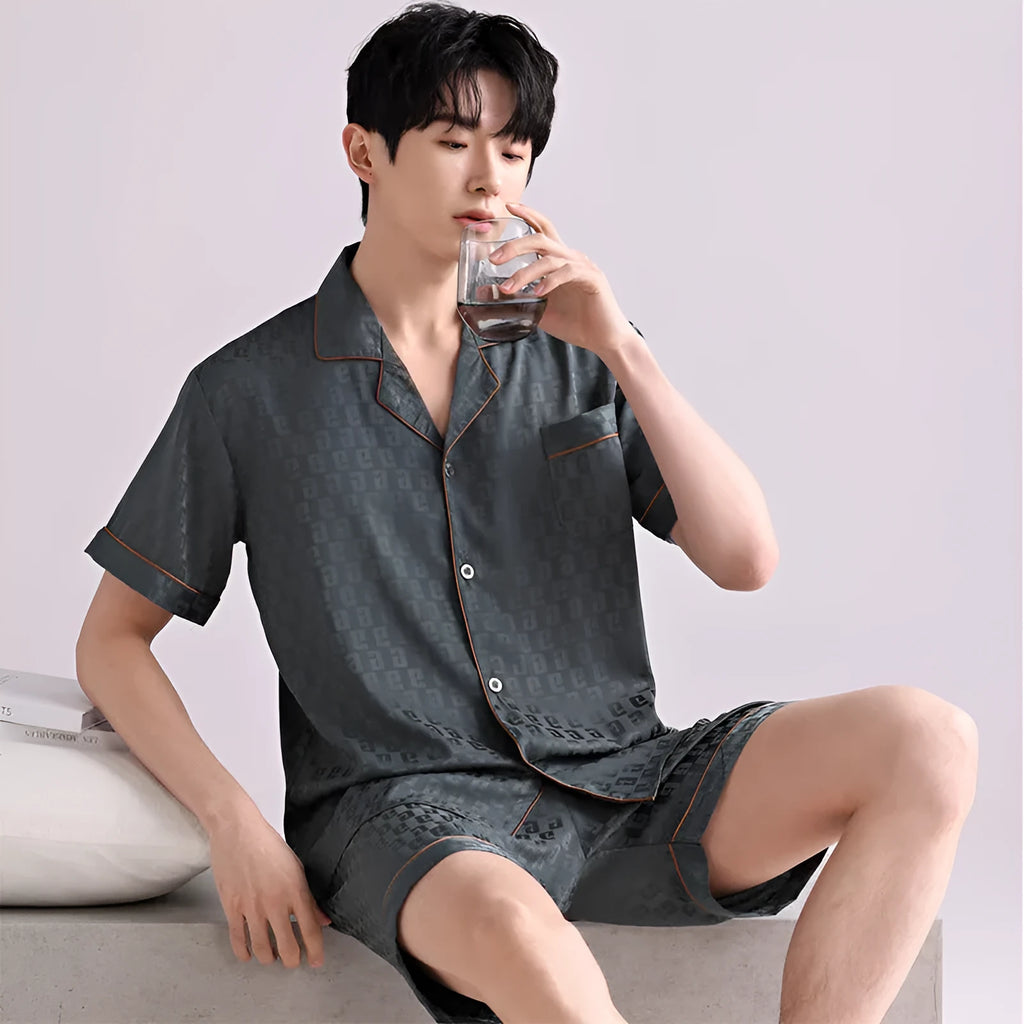Men's ice silk pyjamas set showing cardigan-style top and shorts in satin jacquard pattern