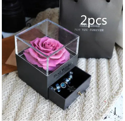 Eternal Flower Rose Jewelry Box with rose and carnation arrangement in gift box