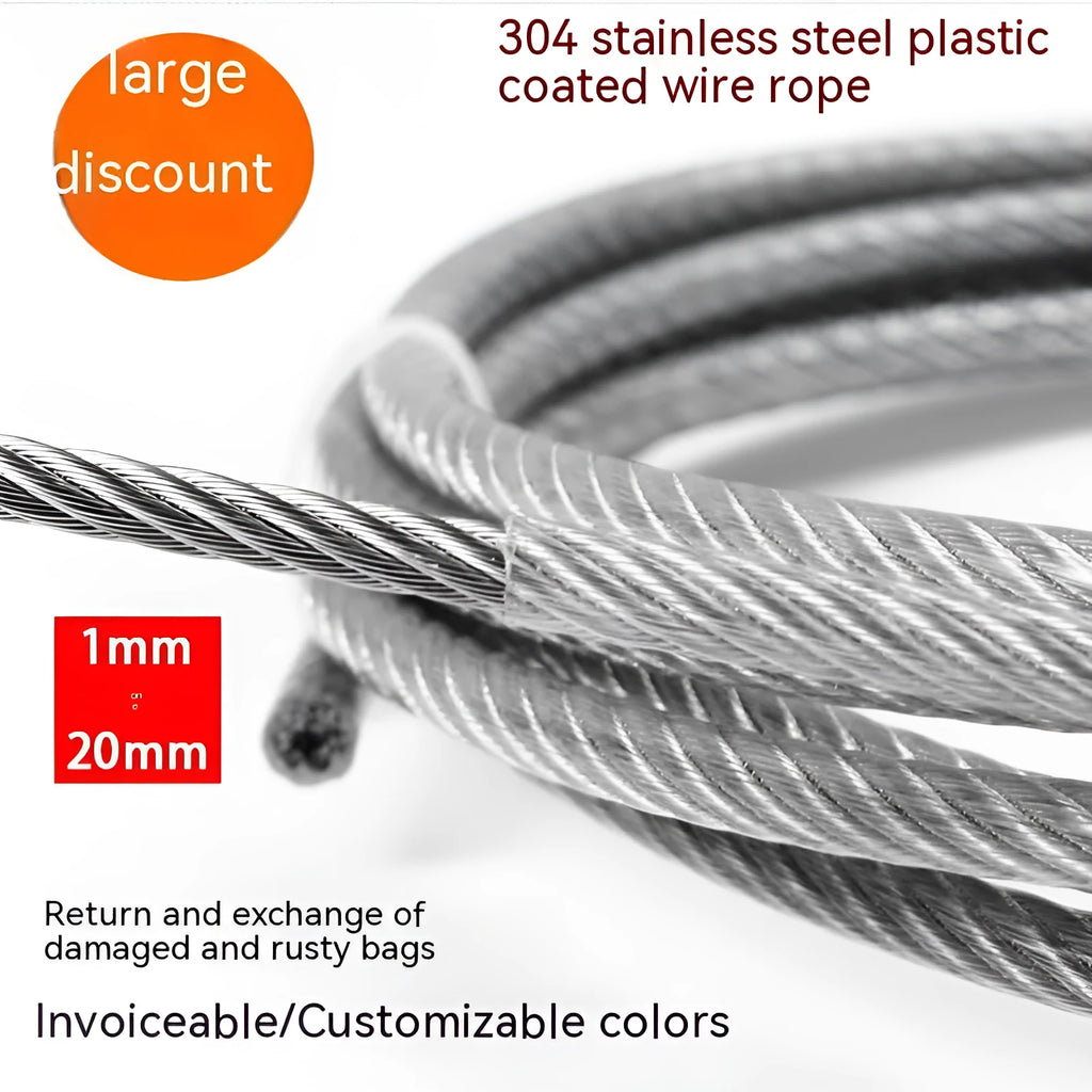 304 stainless steel security cable with PVC coating in multiple diameter options for anti-theft protection