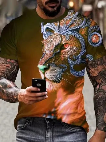 Men's grey T-shirt with a raised 3D lion head print on the chest, showcasing texture and detail.