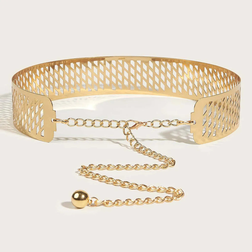 Gold iron waist chain belt with lantern head design, hook closure, 105cm length