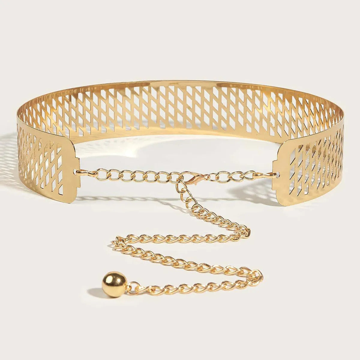 Gold iron waist chain belt with lantern head design, hook closure, 105cm length