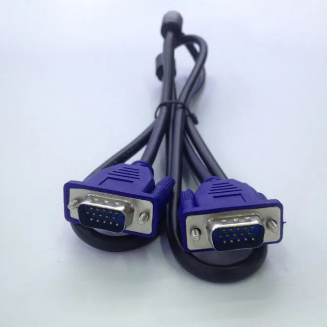 Black VGA video cable with blue connector heads measuring 1.5 metres for computer monitor connections