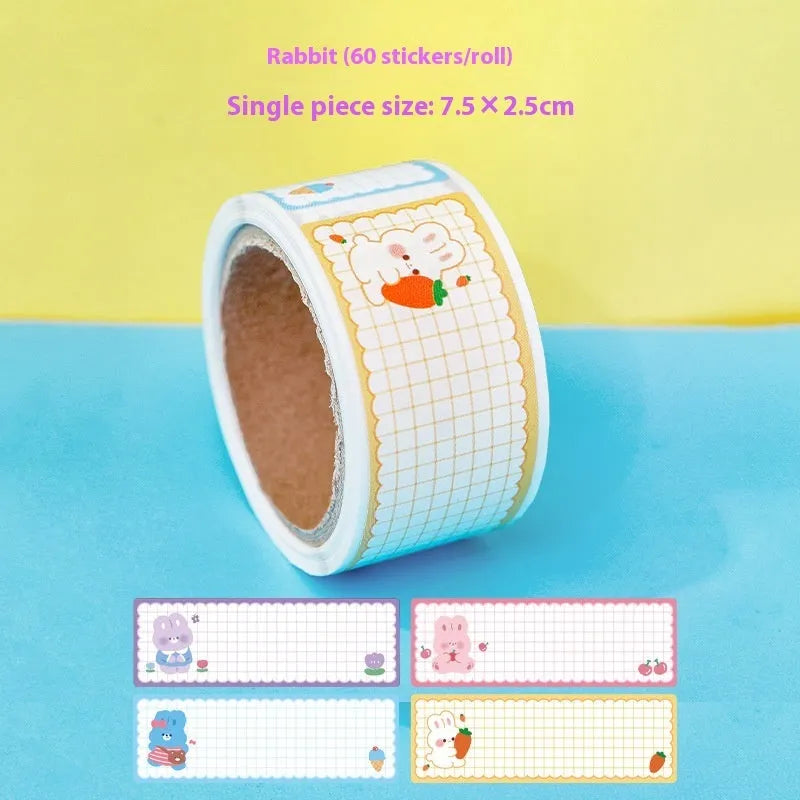 Roll of cartoon tape stickers with dinosaur, astronaut, rabbit, and girl designs for student labelling
