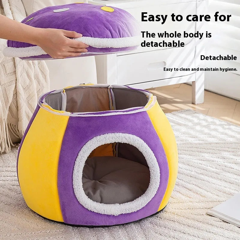 Mushroom-shaped cat bed with rabbit plush cover in grey pink purple colours