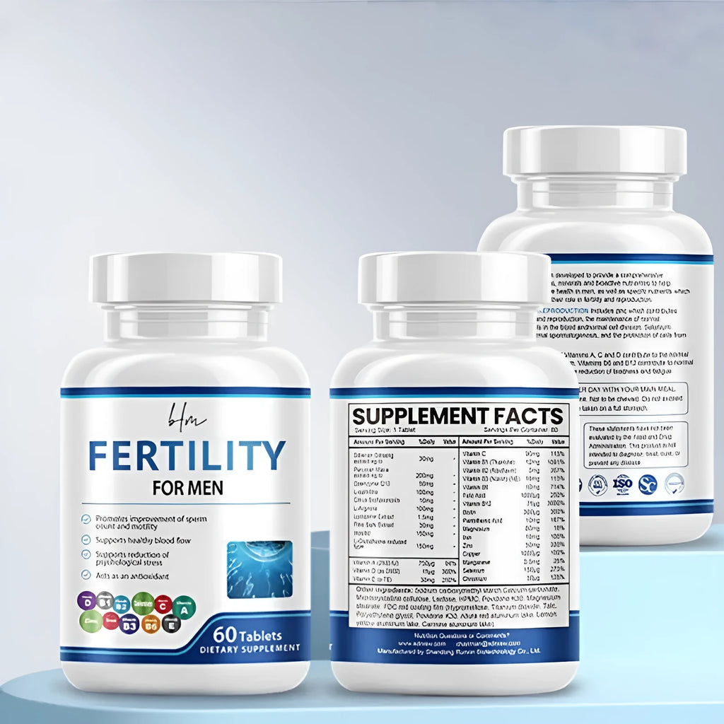 Bottle of Male Fertility Tablets, 60 tablets with COMLEX vitamin mineral amino acids.