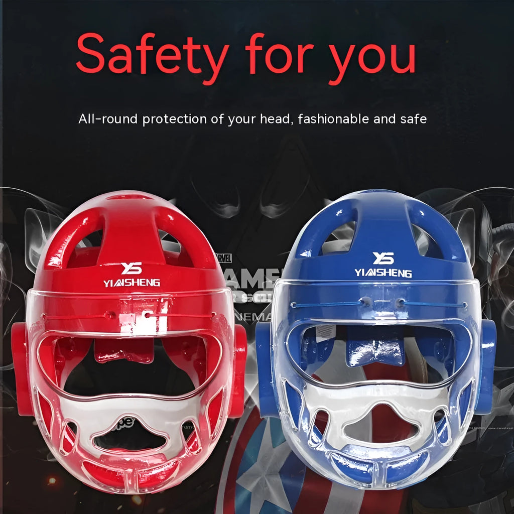 Karate training helmet for head protection, shown in blue colour.