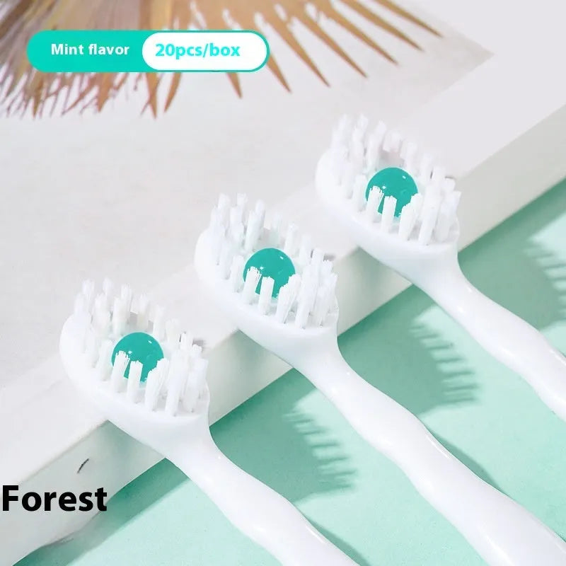 Box of 20 Bead disposable toothbrushes with integrated toothpaste in mint, peach, and plum green tea flavours.