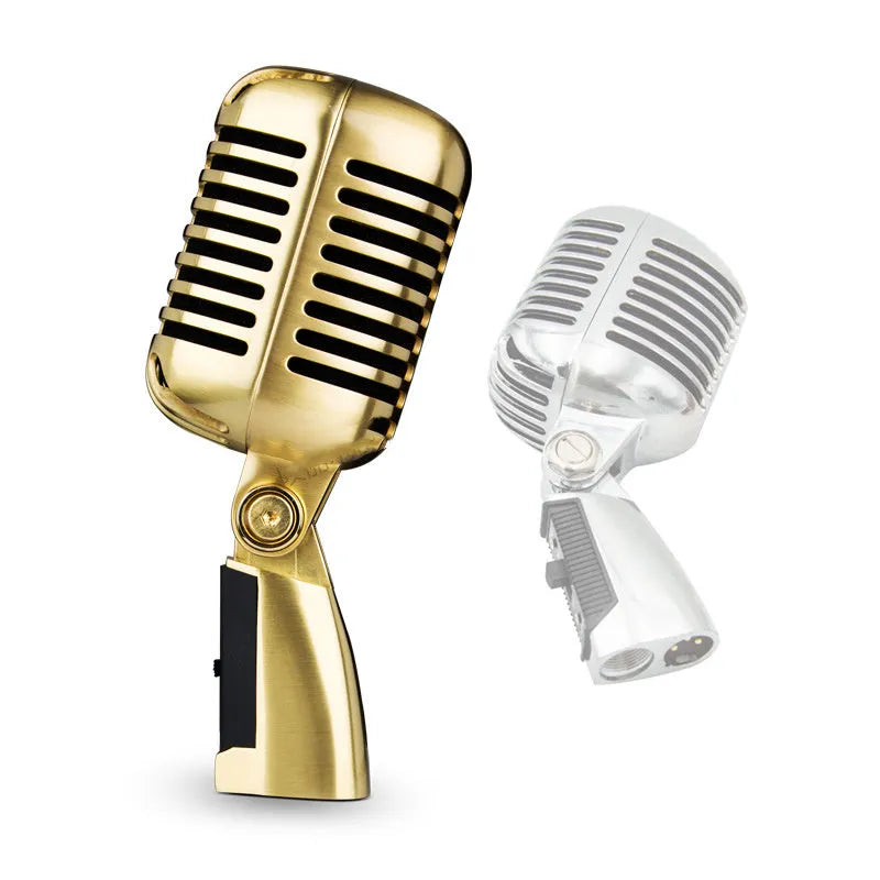 Classical retro stage microphone in gold finish with all-metal construction and heart-shaped pickup pattern